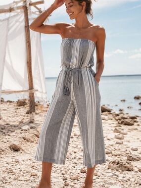 Gray White Stripe Strapless Cropped Jumpsuit XS Wide Leg Tassel Tie Boho Coastal